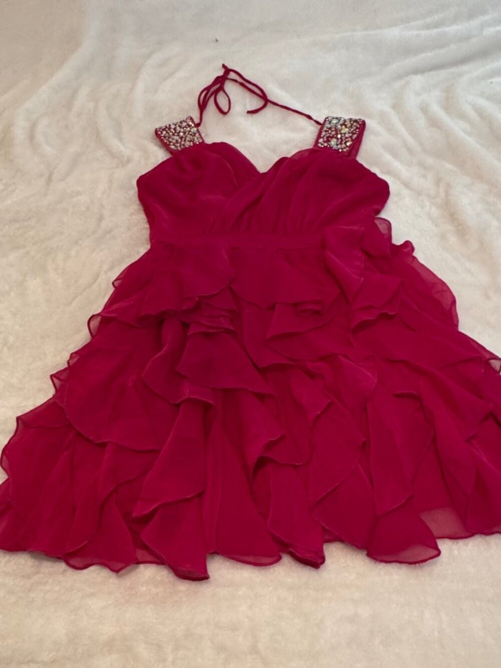 As U Wish Hot Pink Bedazzled Ruffled Prom Dress Size 7